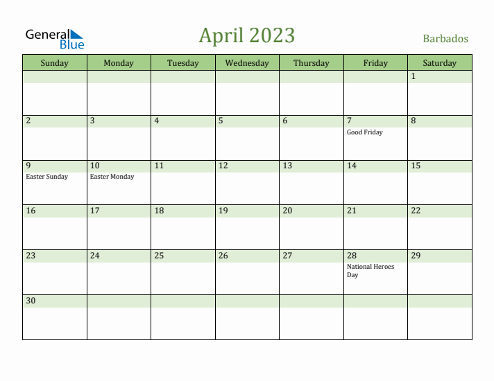 April 2023 Calendar with Barbados Holidays