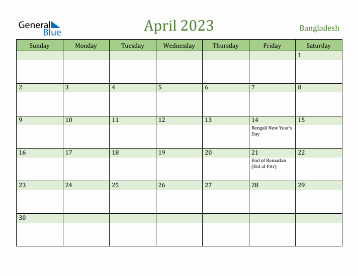 April 2023 Calendar with Bangladesh Holidays