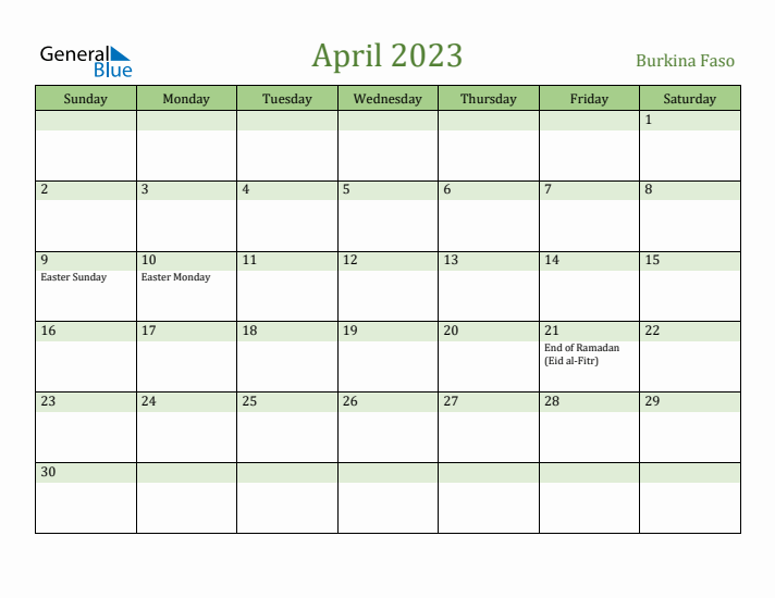 April 2023 Calendar with Burkina Faso Holidays