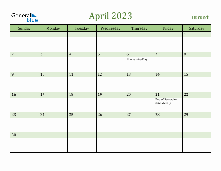 April 2023 Calendar with Burundi Holidays