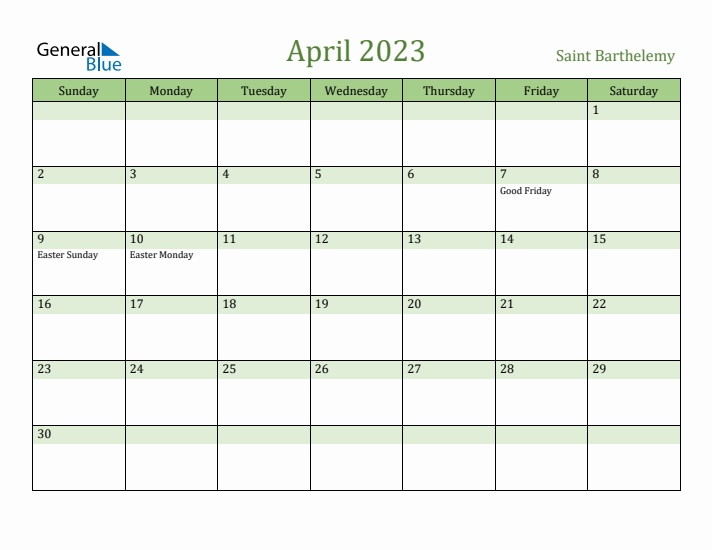 April 2023 Calendar with Saint Barthelemy Holidays