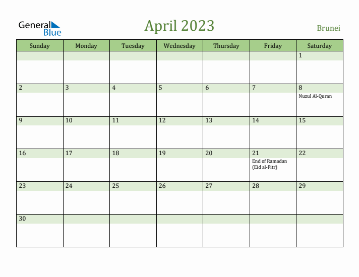 April 2023 Calendar with Brunei Holidays