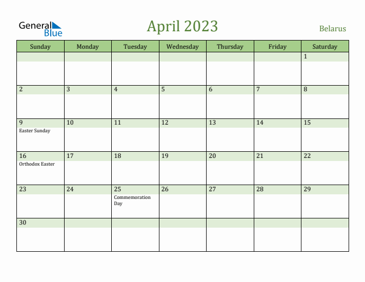 April 2023 Calendar with Belarus Holidays