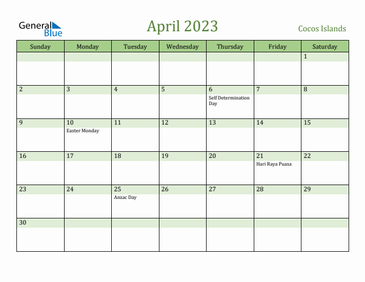 April 2023 Calendar with Cocos Islands Holidays