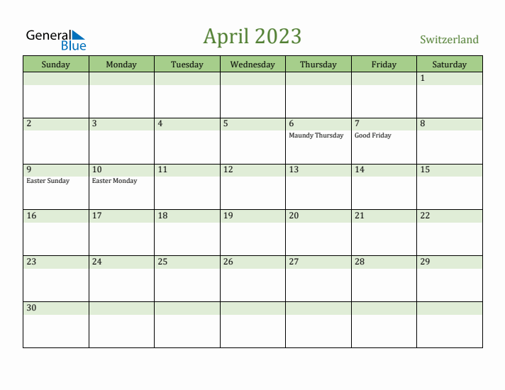 April 2023 Calendar with Switzerland Holidays