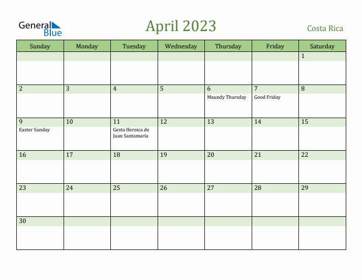 April 2023 Calendar with Costa Rica Holidays