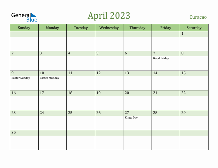 April 2023 Calendar with Curacao Holidays