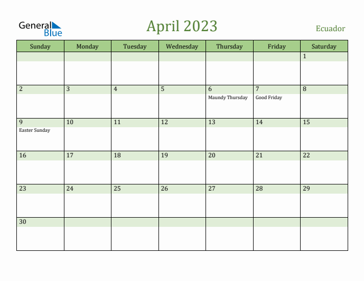 April 2023 Calendar with Ecuador Holidays