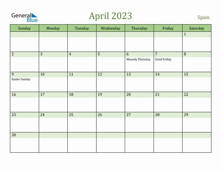 April 2023 Calendar with Spain Holidays