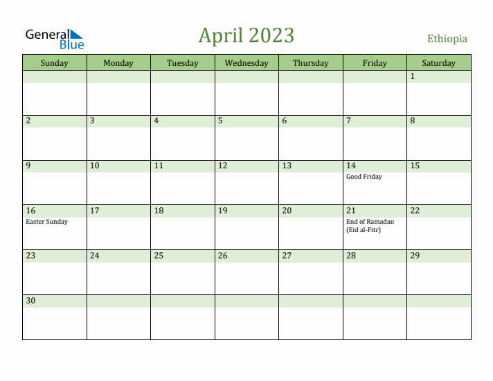 April 2023 Calendar with Ethiopia Holidays