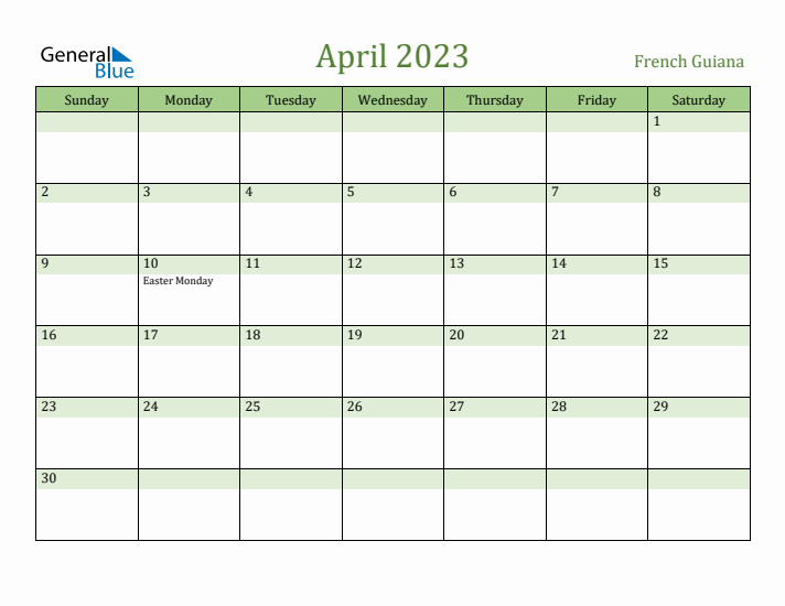 April 2023 Calendar with French Guiana Holidays