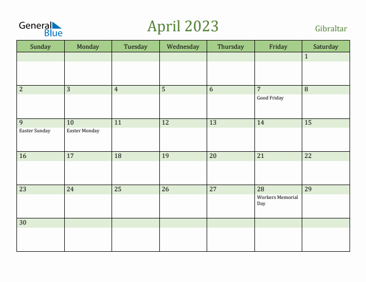 April 2023 Calendar with Gibraltar Holidays