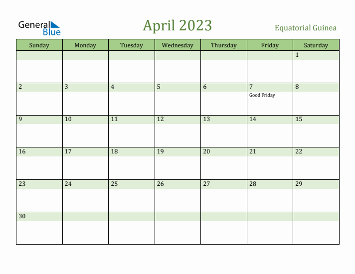 April 2023 Calendar with Equatorial Guinea Holidays