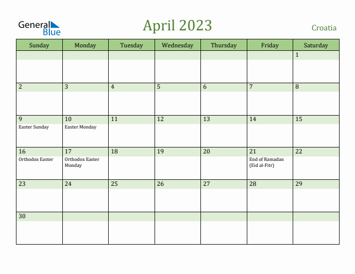 April 2023 Calendar with Croatia Holidays