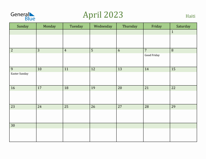 April 2023 Calendar with Haiti Holidays