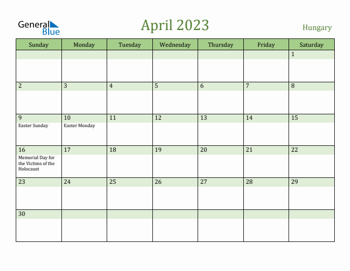 April 2023 Calendar with Hungary Holidays