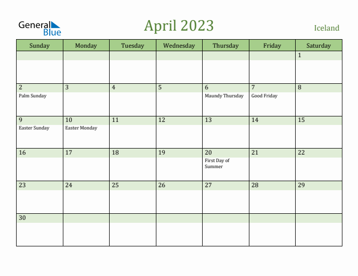 April 2023 Calendar with Iceland Holidays