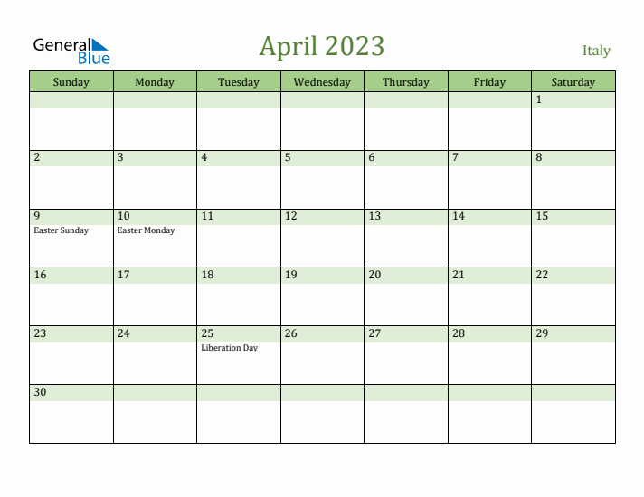 April 2023 Calendar with Italy Holidays