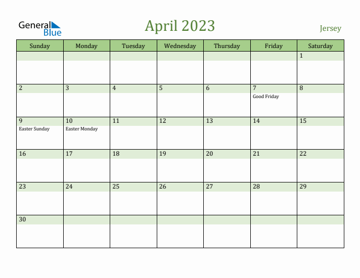 April 2023 Calendar with Jersey Holidays