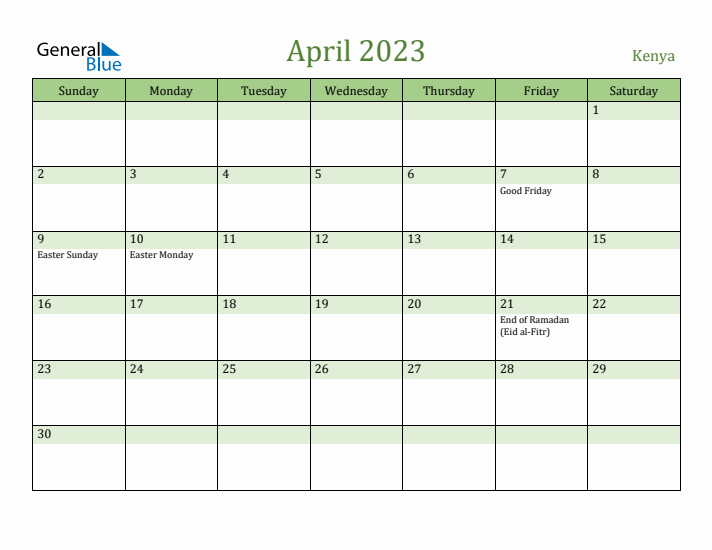 April 2023 Calendar with Kenya Holidays