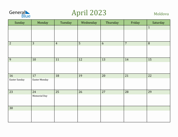 April 2023 Calendar with Moldova Holidays