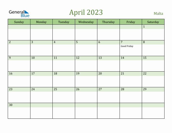 April 2023 Calendar with Malta Holidays