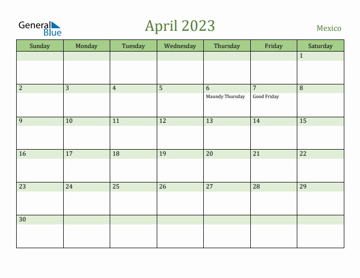 April 2023 Calendar with Mexico Holidays