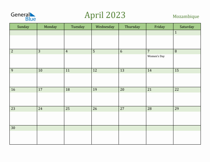 April 2023 Calendar with Mozambique Holidays