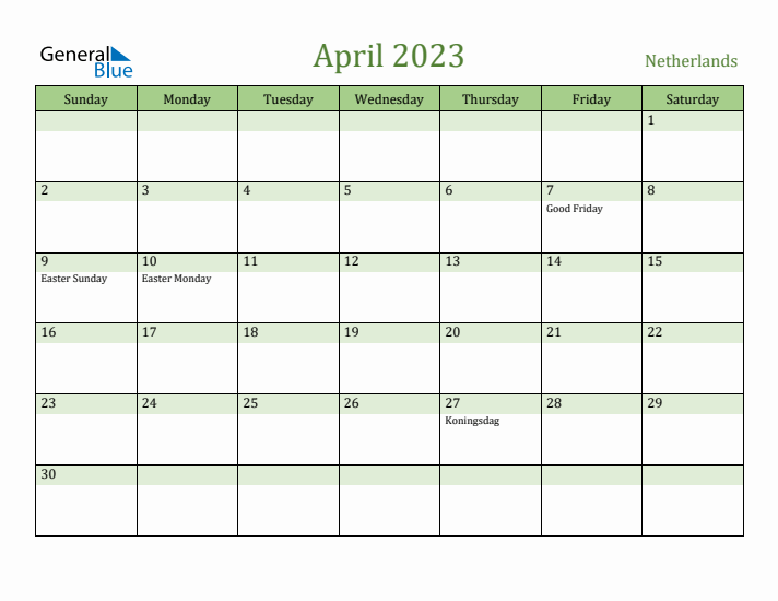 April 2023 Calendar with The Netherlands Holidays