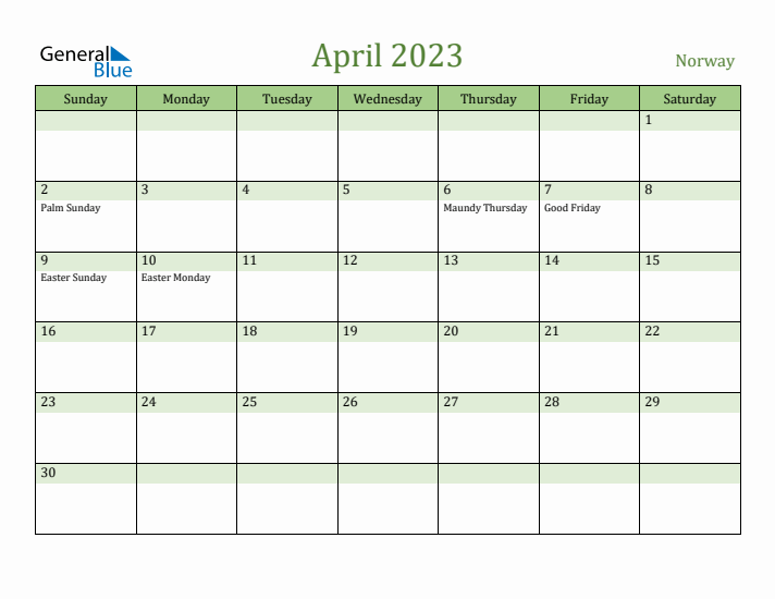 April 2023 Calendar with Norway Holidays
