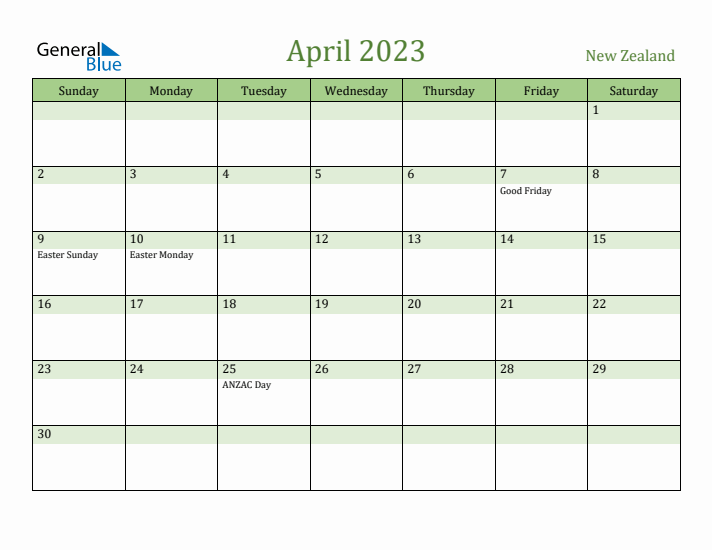April 2023 Calendar with New Zealand Holidays