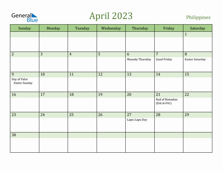 April 2023 Monthly Calendar with Philippines Holidays