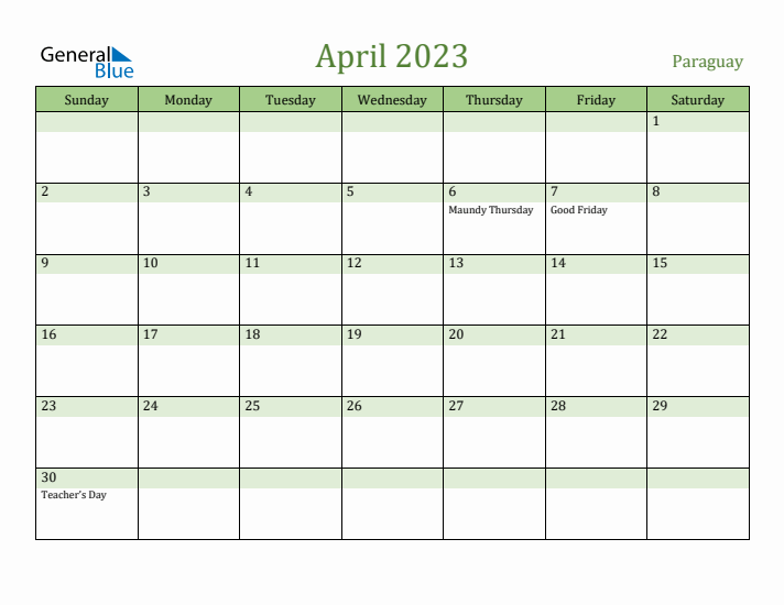 April 2023 Calendar with Paraguay Holidays
