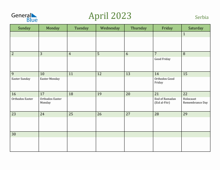 April 2023 Calendar with Serbia Holidays