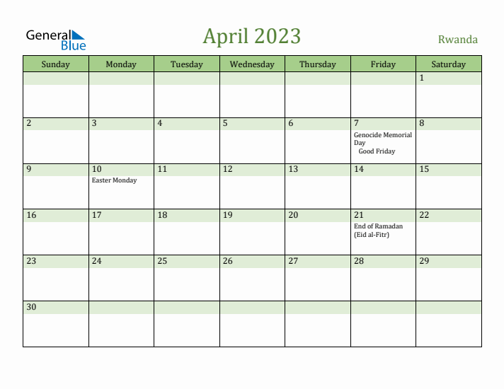 April 2023 Calendar with Rwanda Holidays