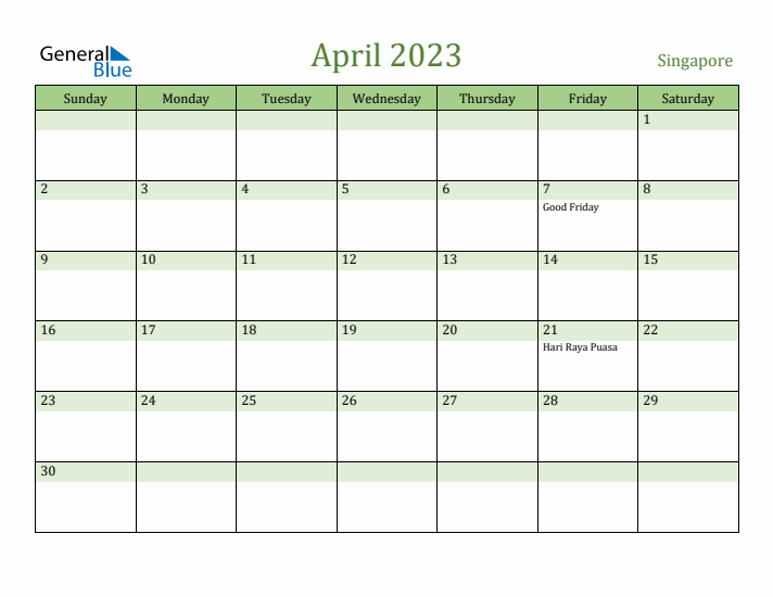 April 2023 Calendar with Singapore Holidays