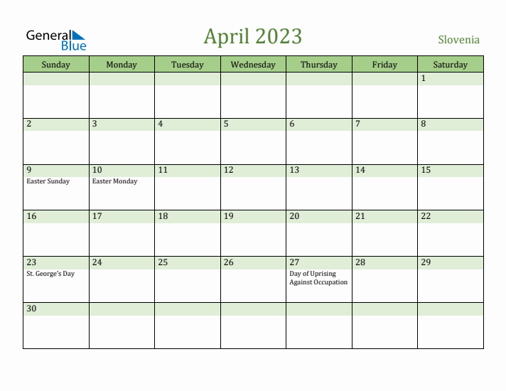 April 2023 Calendar with Slovenia Holidays