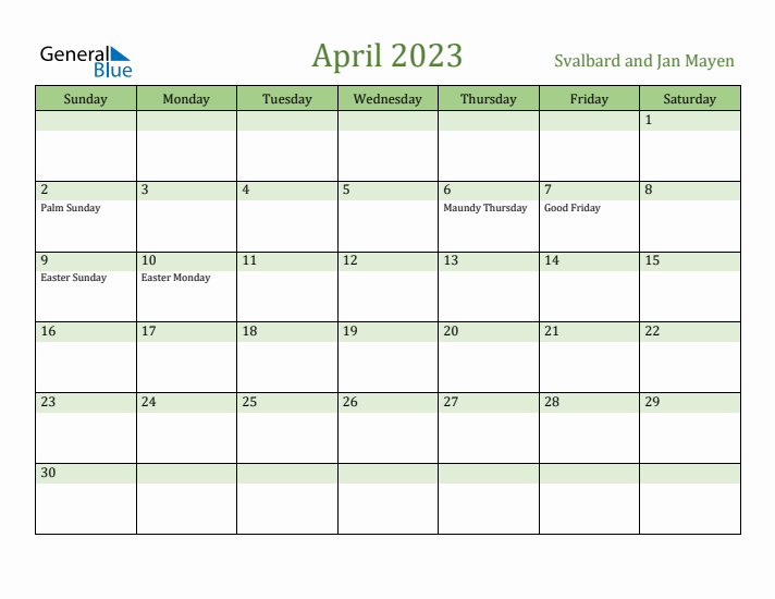 April 2023 Calendar with Svalbard and Jan Mayen Holidays