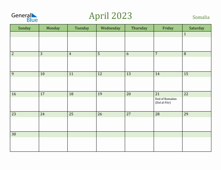 April 2023 Calendar with Somalia Holidays