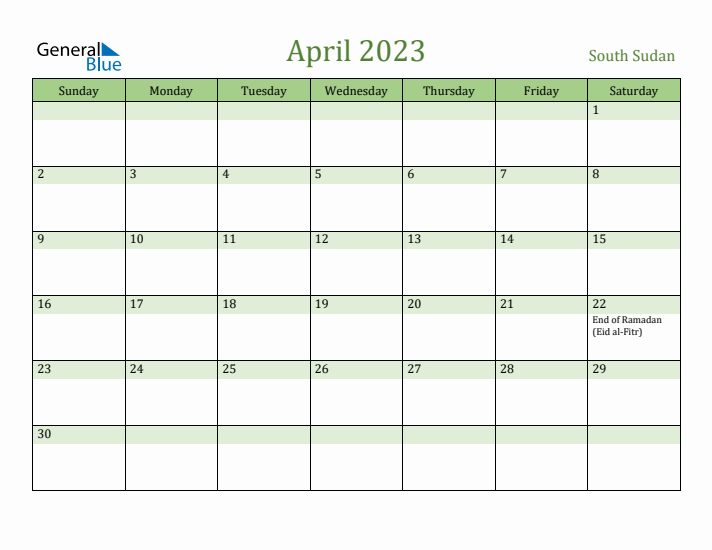 April 2023 Calendar with South Sudan Holidays