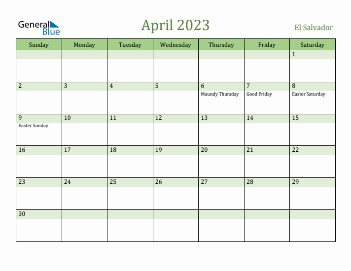 April 2023 Calendar with El Salvador Holidays