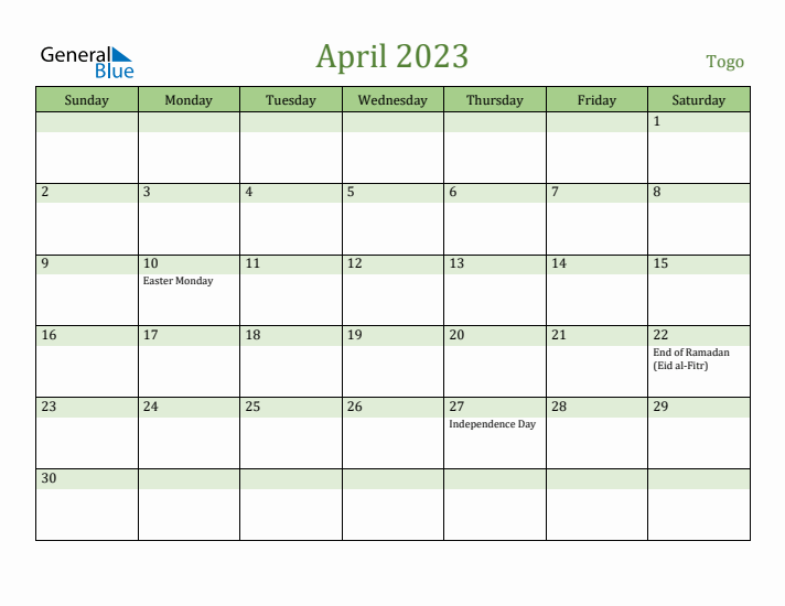 April 2023 Calendar with Togo Holidays