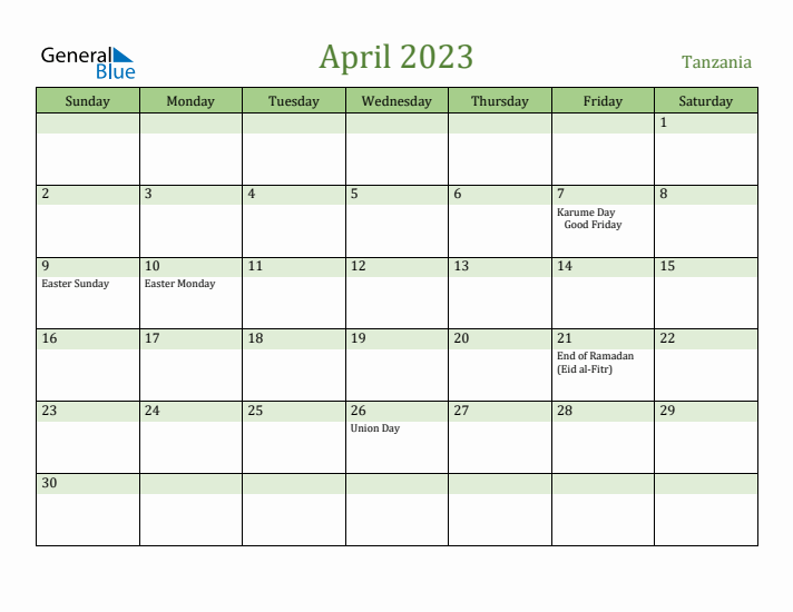 April 2023 Calendar with Tanzania Holidays