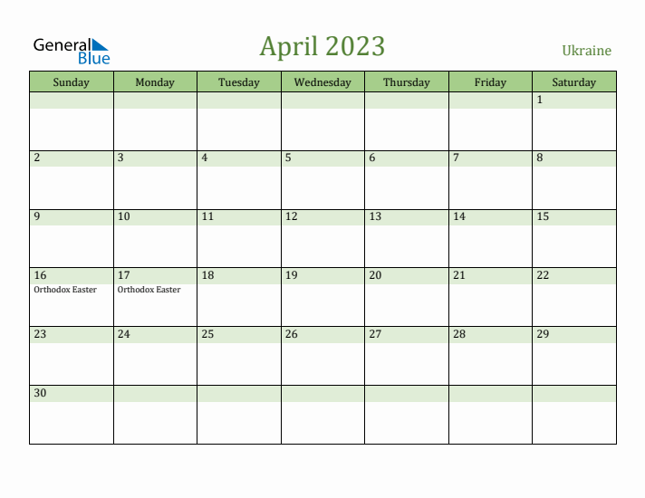 April 2023 Calendar with Ukraine Holidays