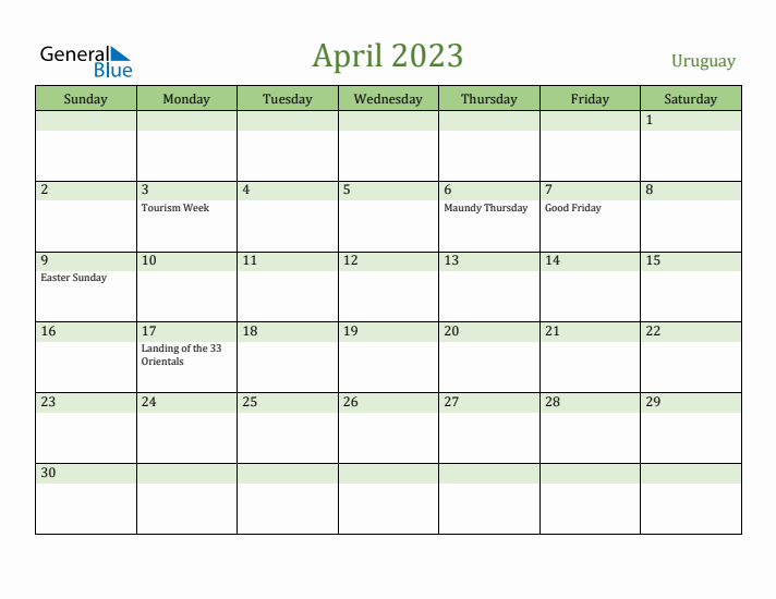 April 2023 Calendar with Uruguay Holidays