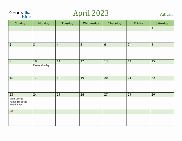 April 2023 Calendar with Vatican Holidays