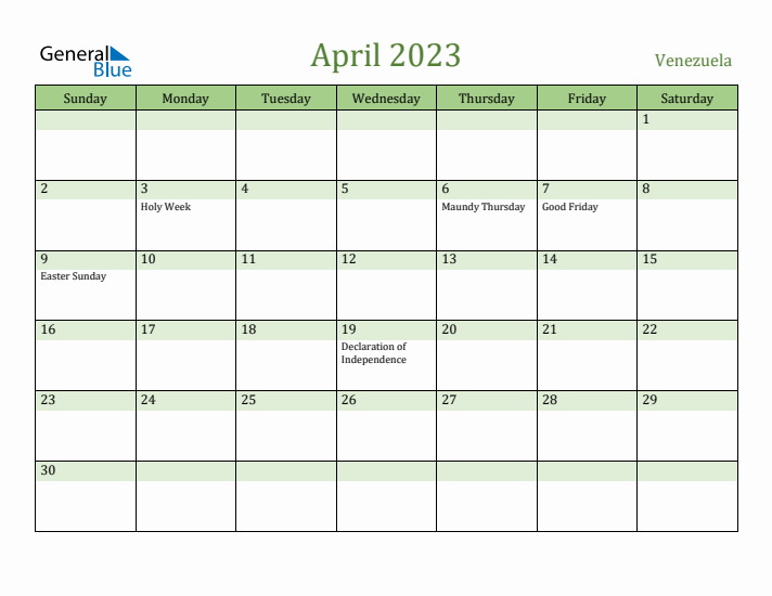 April 2023 Calendar with Venezuela Holidays