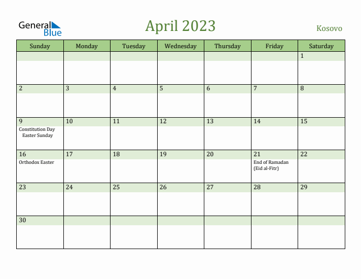 April 2023 Calendar with Kosovo Holidays