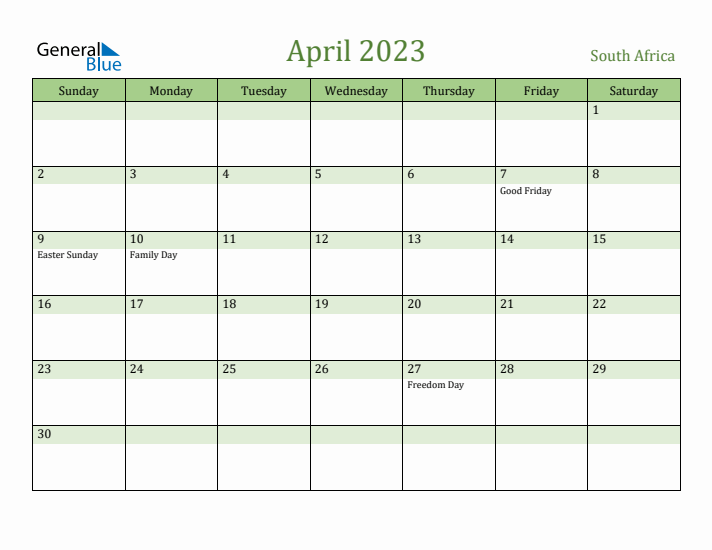 April 2023 Calendar with South Africa Holidays