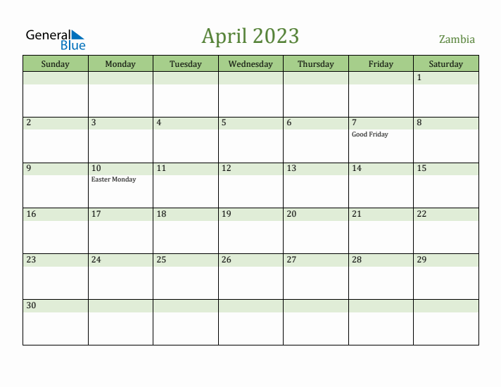 April 2023 Calendar with Zambia Holidays